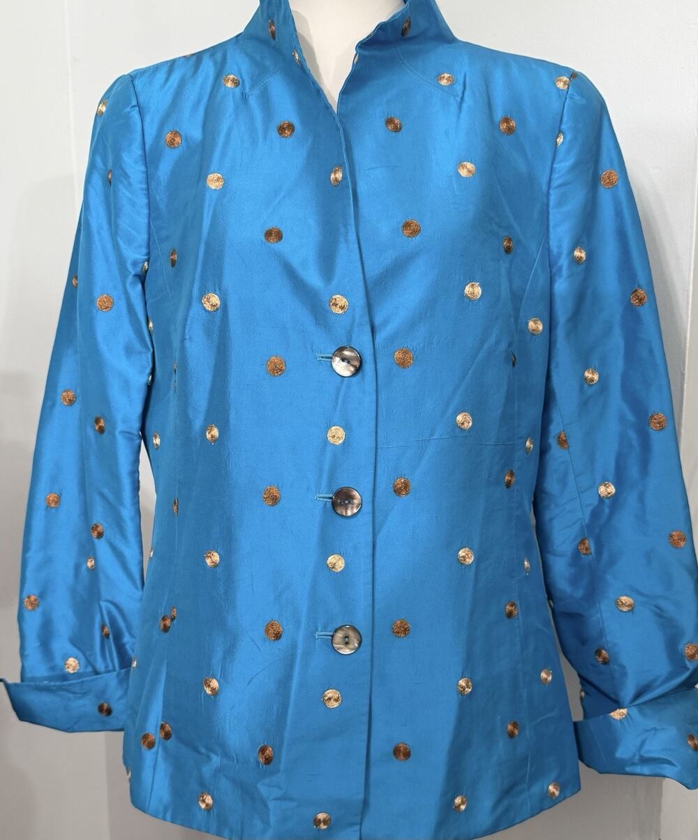Nina McLeMore SILK Turquoise Gold Polka Dot Blazer Jacket Size 12 Evening Event